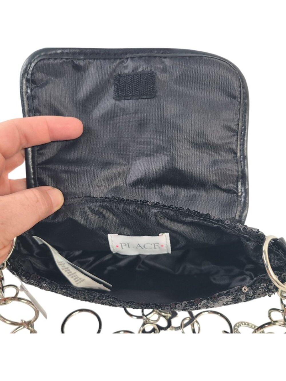 NEW The Childrens Place Black Sequin Crossbody Bag Rhinestone Heart Chain Accent - Picture 4 of 4